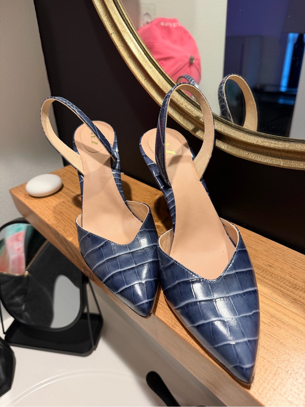 Navy Croc-Embossed Slingback Pointed-Toe Pumps - Picture 2 of 3